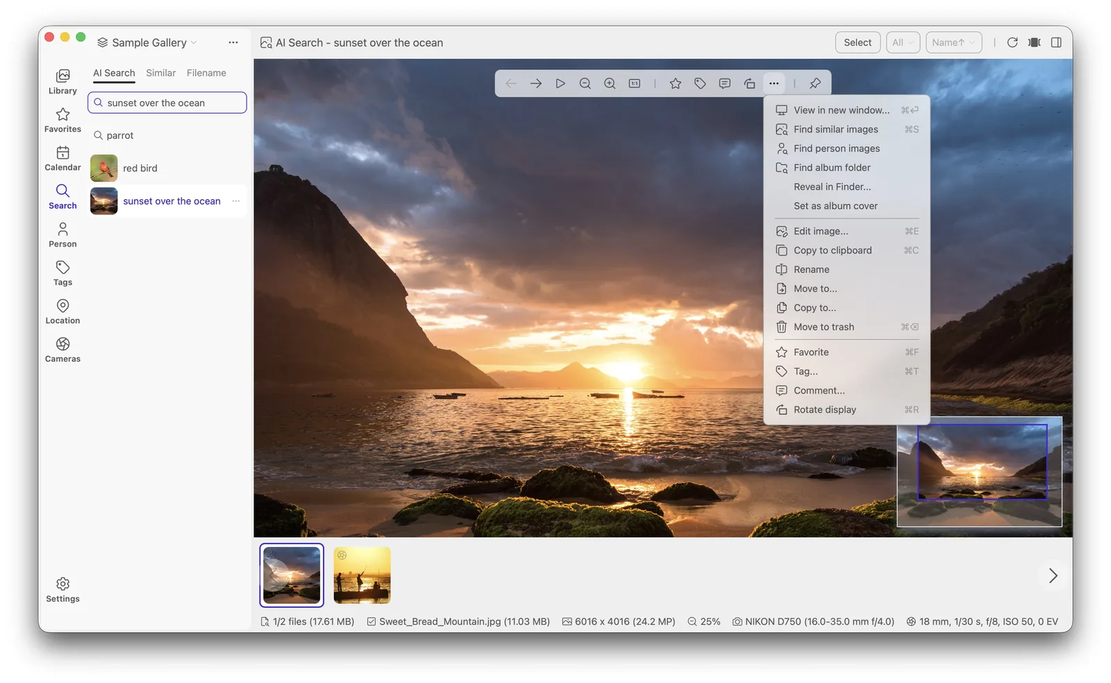Lap AI photo search showing text-based image search results
