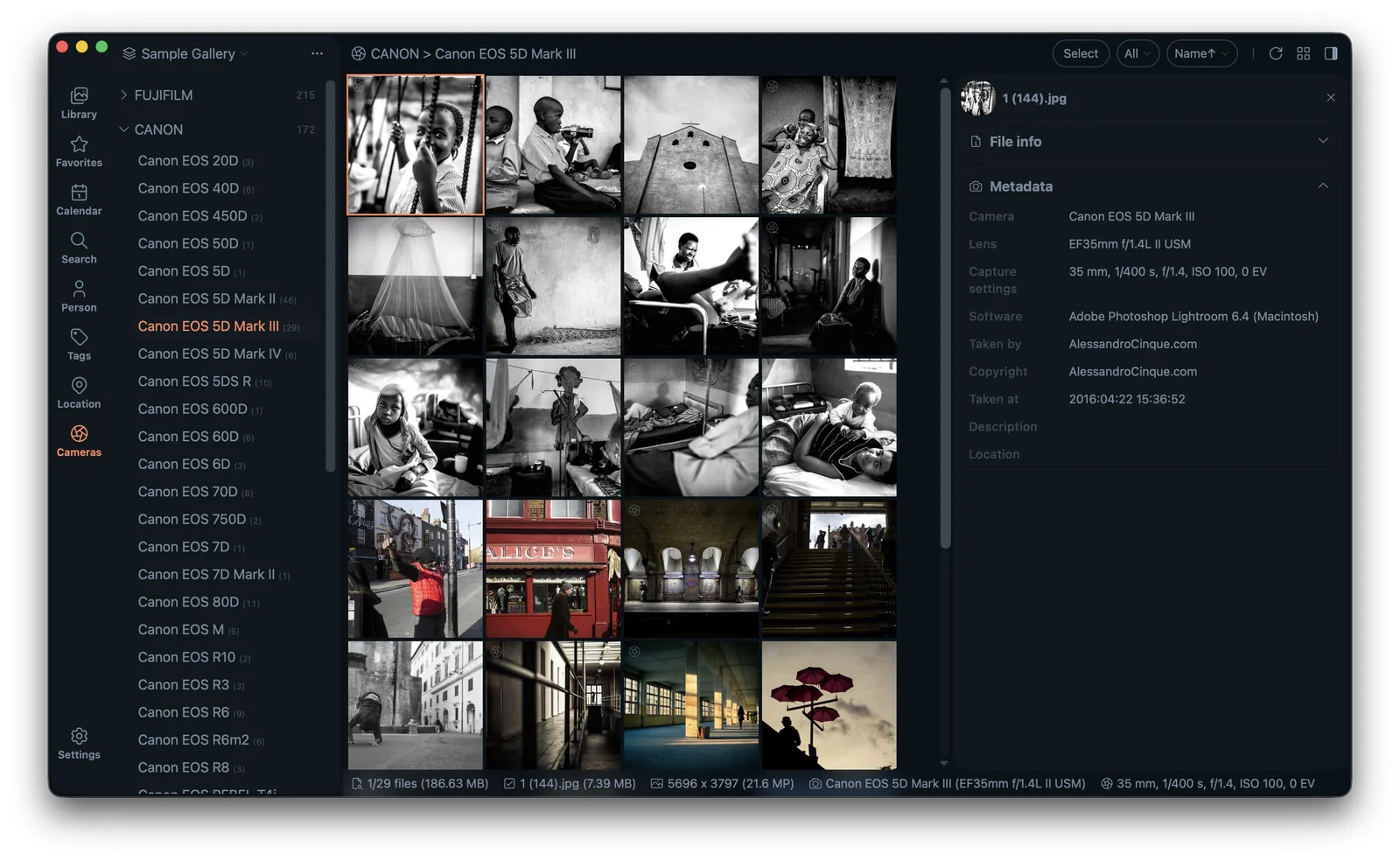 Lap RAW photo manager showing camera and lens filters